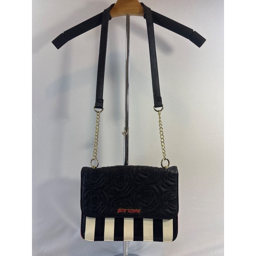 Betsy Johnson Black Rose Quilted Stripe Crossbody Shoulder Bag Purse